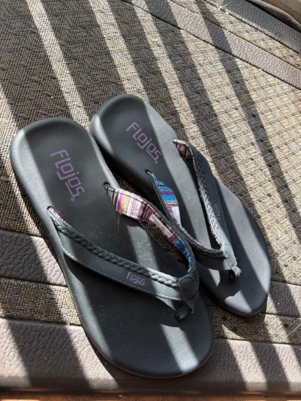 Flojos Womens Size US 7 Black Multi Embroidered Inner Plait Trim Flip Flops